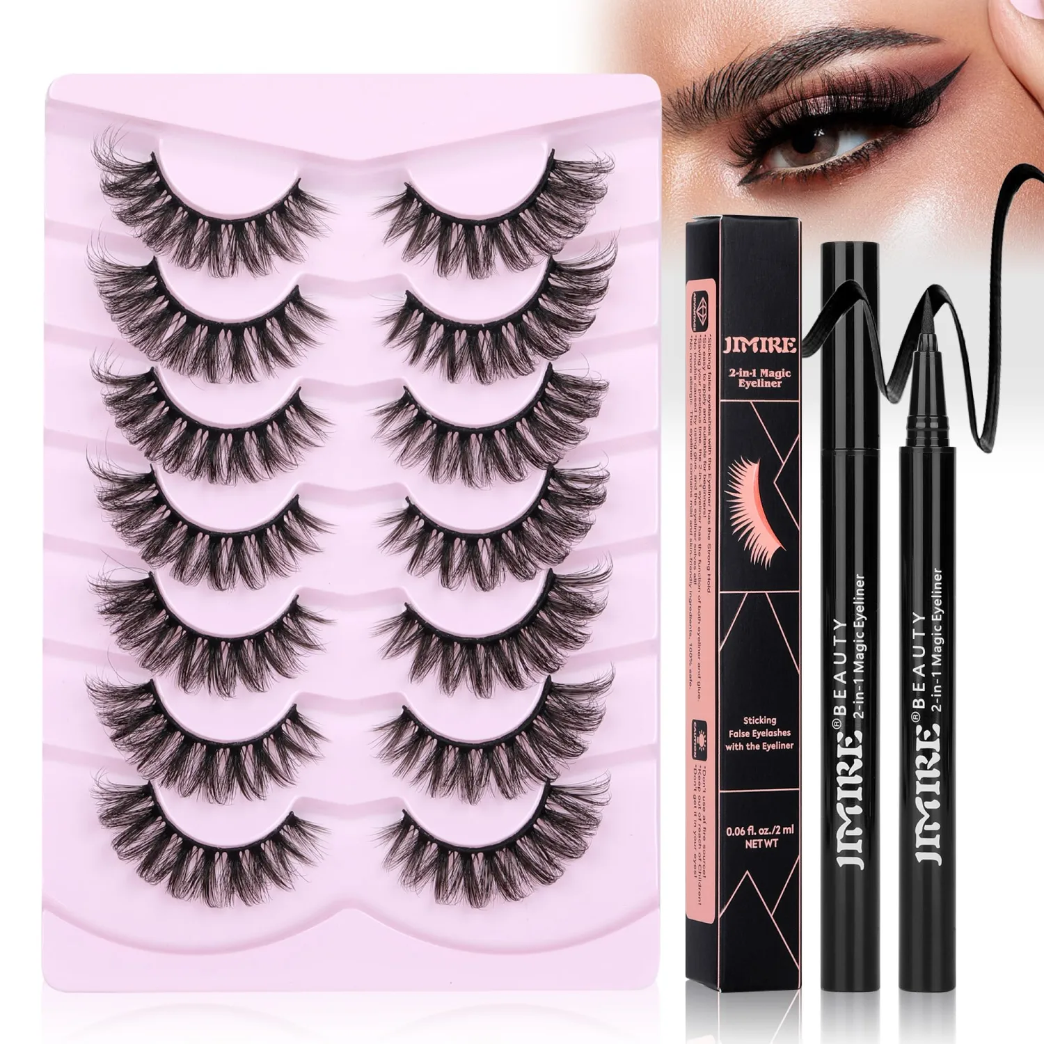 JIMIRE Mink Lashes Fluffy Cat Eye Lashes Wispy 6D Volume False Eyelashes with 2 in 1 Magic Eyelash Glue and Tweezers Kit Look Like Lash Extension 7 Pairs Pack