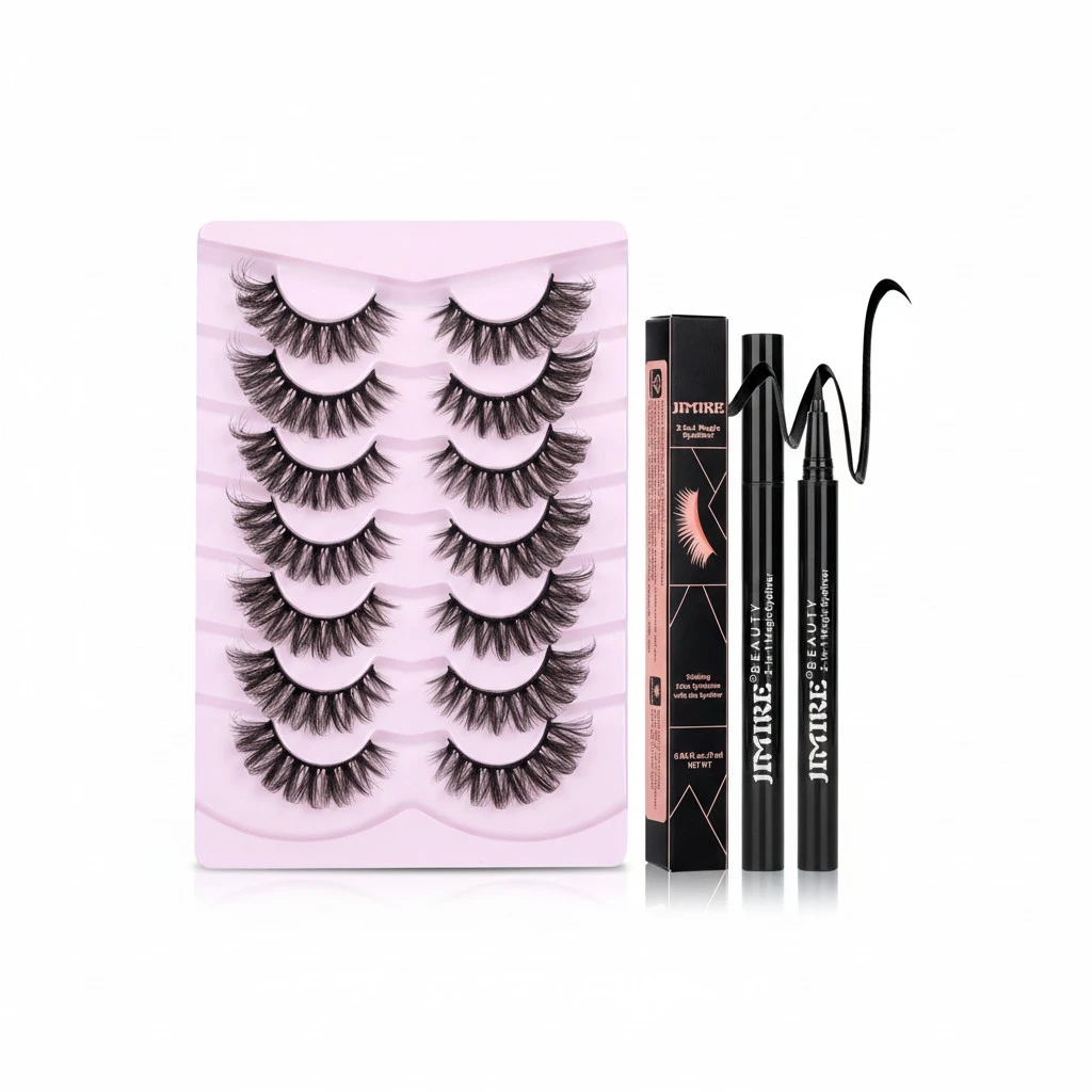 JIMIRE Mink Lashes Fluffy Cat Eye Lashes Wispy 6D Volume False Eyelashes with 2 in 1 Magic Eyelash Glue and Tweezers Kit Look Like Lash Extension 7 Pairs Pack