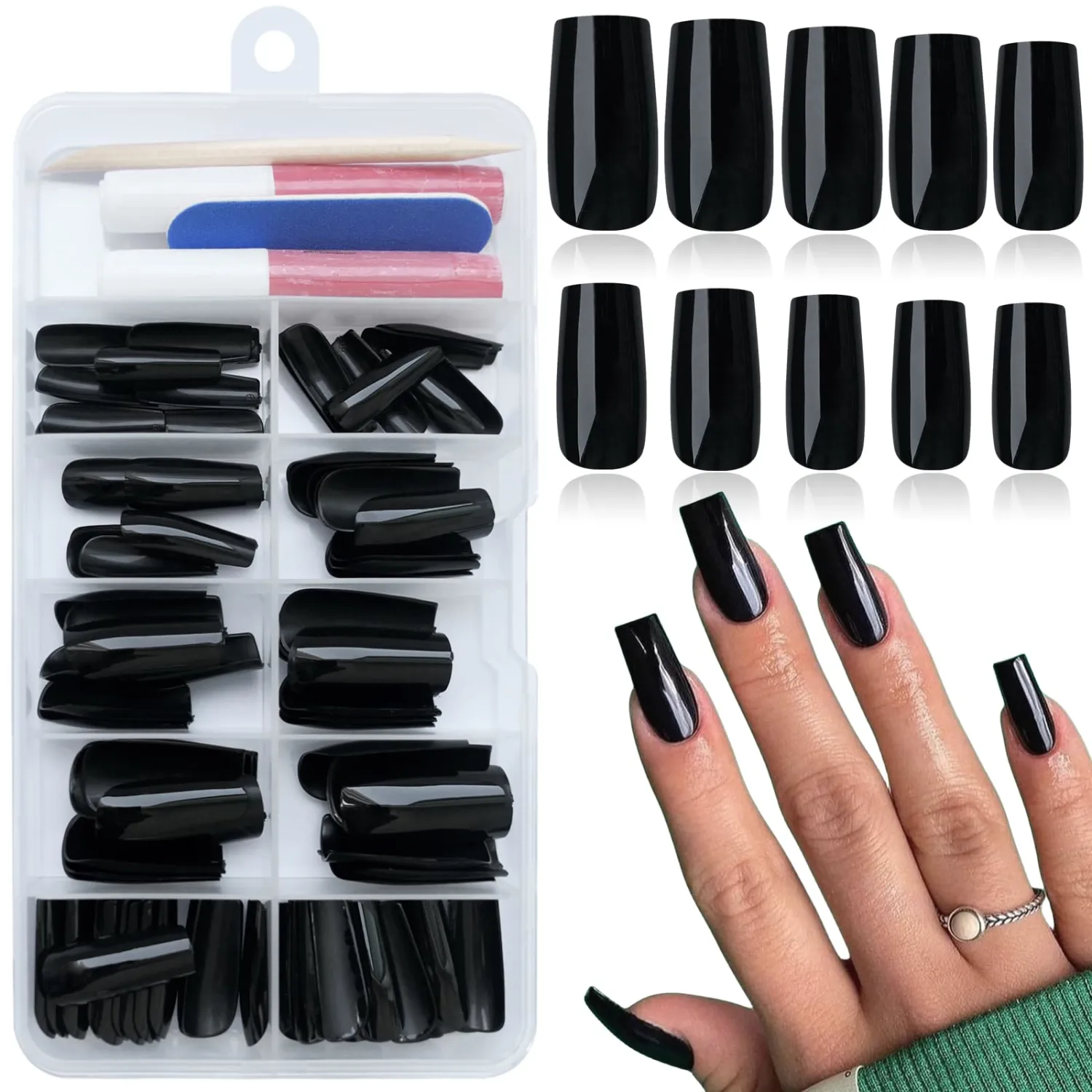 120Pcs Black Press on Nails Medium Square Glue on Nails, Glossy Solid Color Fake Nails Full Cover Acrylic Nails Press on for Women Girls Artificial Fingernails