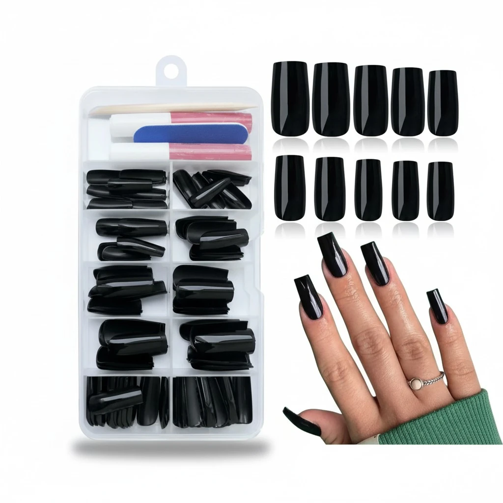120Pcs Black Press on Nails Medium Square Glue on Nails, Glossy Solid Color Fake Nails Full Cover Acrylic Nails Press on for Women Girls Artificial Fingernails