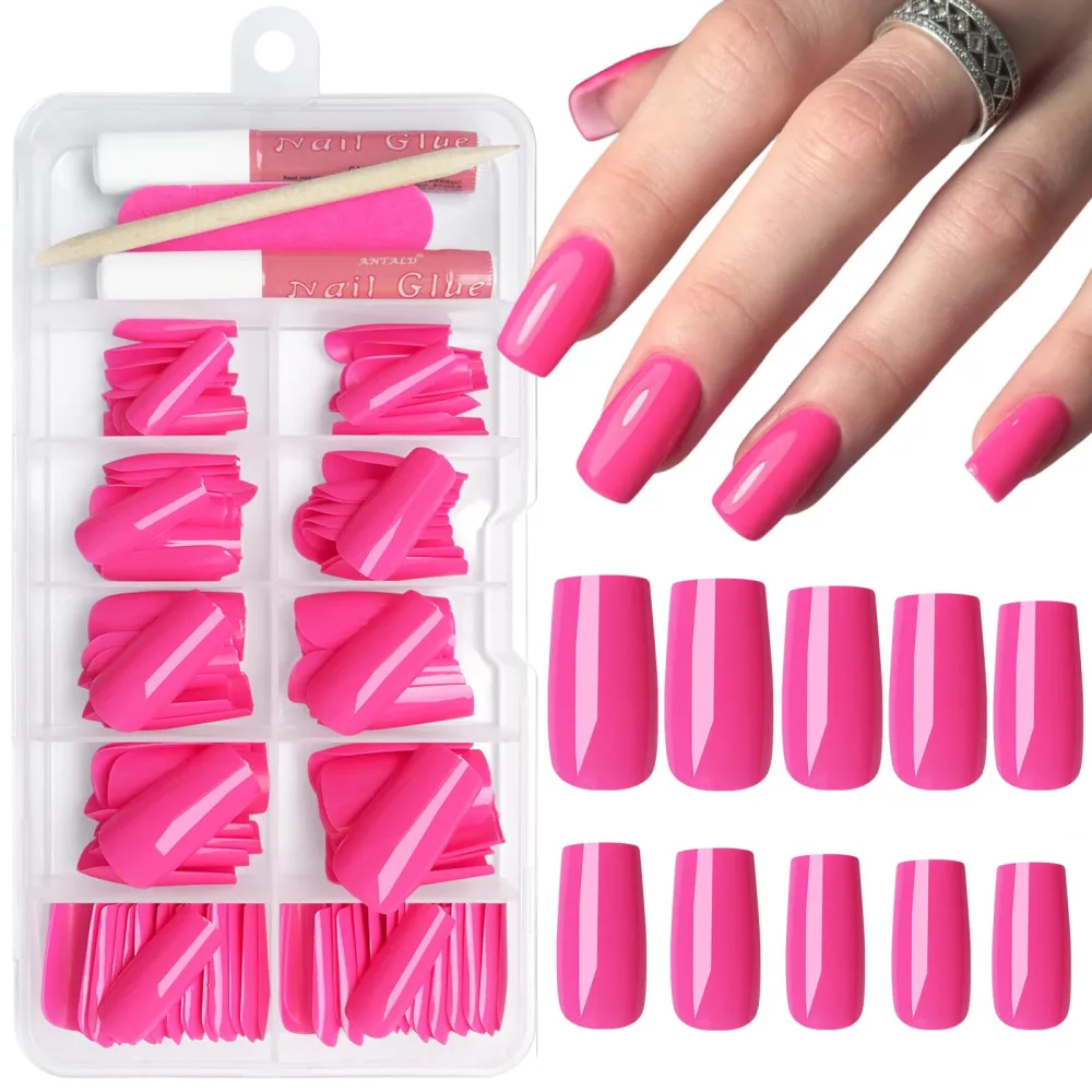 120Pcs Hot Pink Press on Nails Medium Square Glue on Nails, Glossy Solid Color Fake Nails Full Cover Acrylic Nails Press on for Women Girls Artificial Fingernails