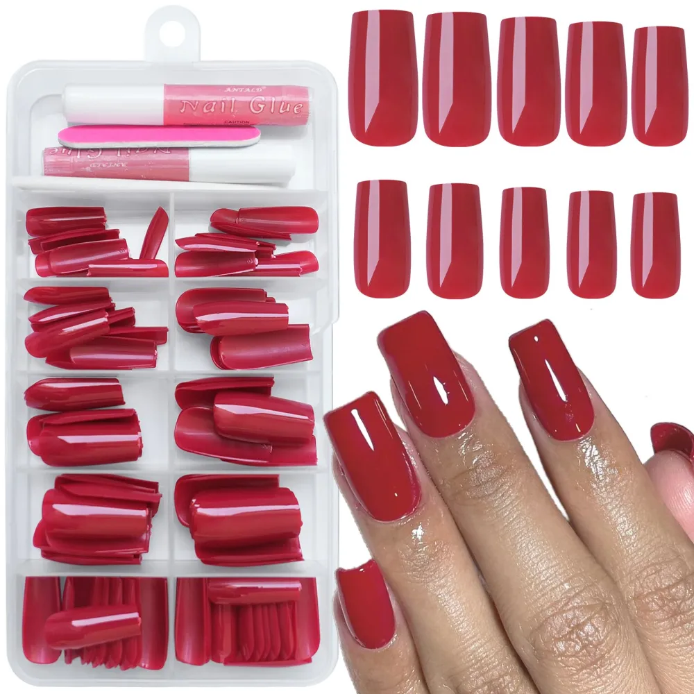 120Pcs Red Press on Nails Medium Square Glue on Nails, Glossy Solid Color Fake Nails Full Cover Acrylic Nails Press on for Women Girls Artificial Fingernails