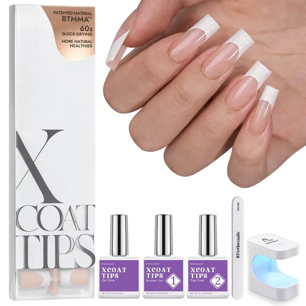 BTArtboxnails Soft Gel Nail Tips and Gel Glue Kit - French Tip Press on Nails Long Square XCOATTIPS Gel Nail Kit, Include Gel Glue, Builder Gel, Top Coat, Nail Lamp Nail Extension Kit