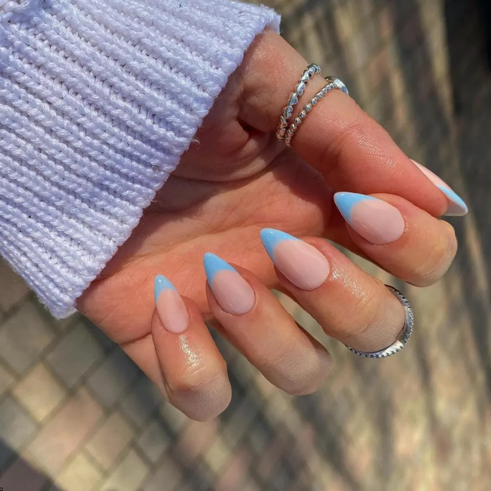 Sky Blue French Tip Press on Nails Short Almond Nails Press ons French Tip Glue on Nails for Women DIY Acrylic French Nails Short Gel Nails, Natural Thick Extra Short French Fake Nails 30Pcs 15 Sizes