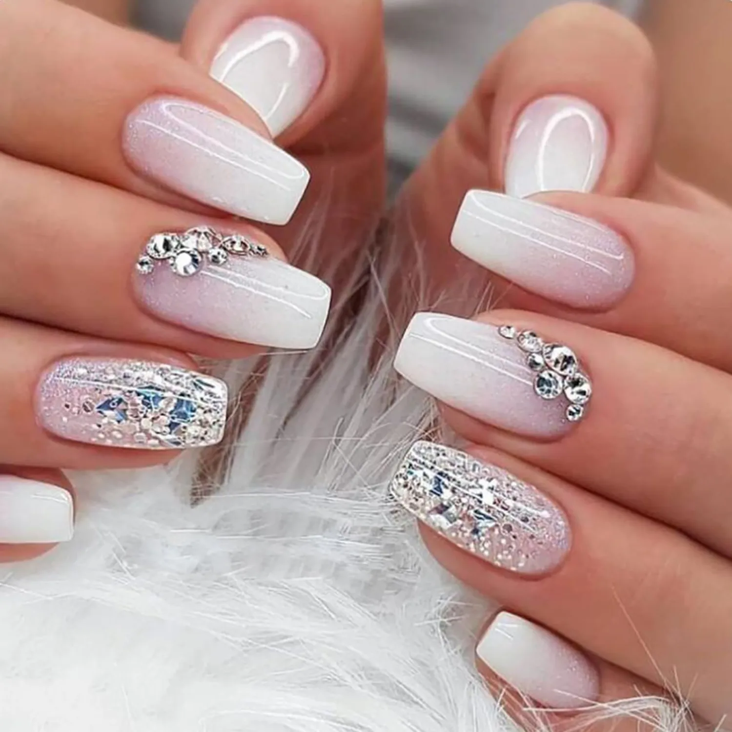 Press on Nails Medium Coffin SWEKKE Fake Nails French Pink Gradient Full Cover False Nails with Glitter Designs Rhinestones Acrylic Nails Glossy Stick on Nails Artificial Nails for Women Manicure