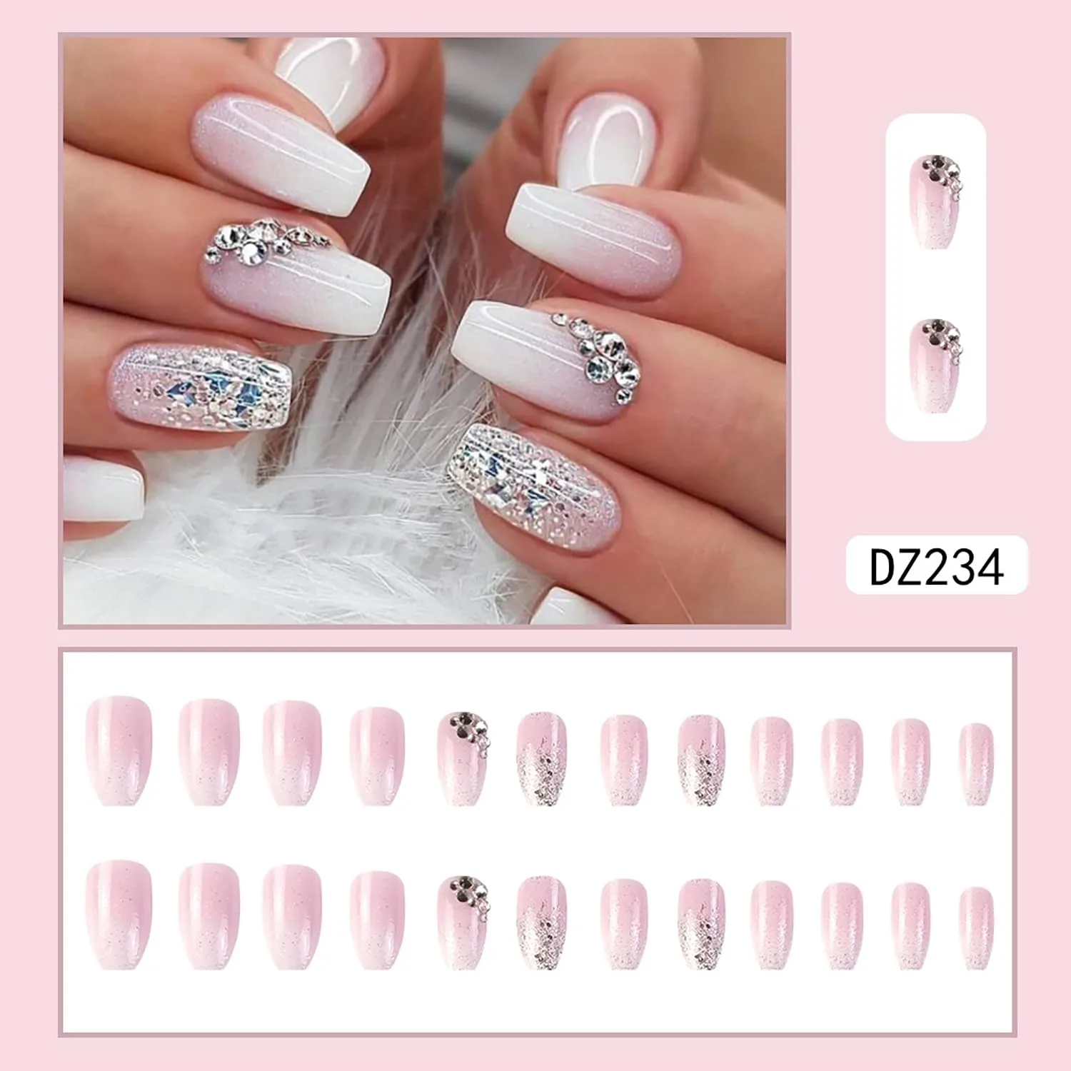 Press on Nails Medium Coffin SWEKKE Fake Nails French Pink Gradient Full Cover False Nails with Glitter Designs Rhinestones Acrylic Nails Glossy Stick on Nails Artificial Nails for Women Manicure
