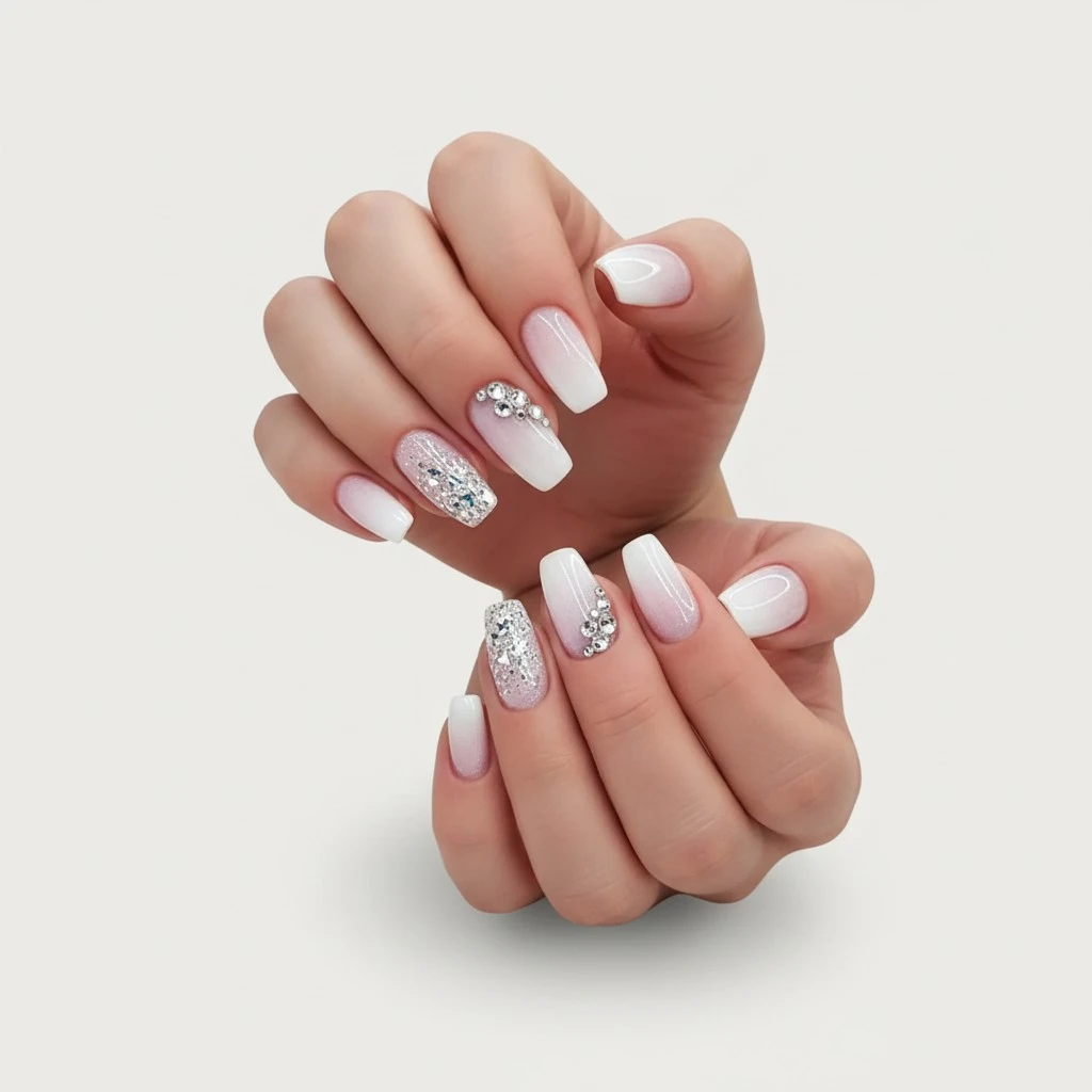 Press on Nails Medium Coffin SWEKKE Fake Nails French Pink Gradient Full Cover False Nails with Glitter Designs Rhinestones Acrylic Nails Glossy Stick on Nails Artificial Nails for Women Manicure