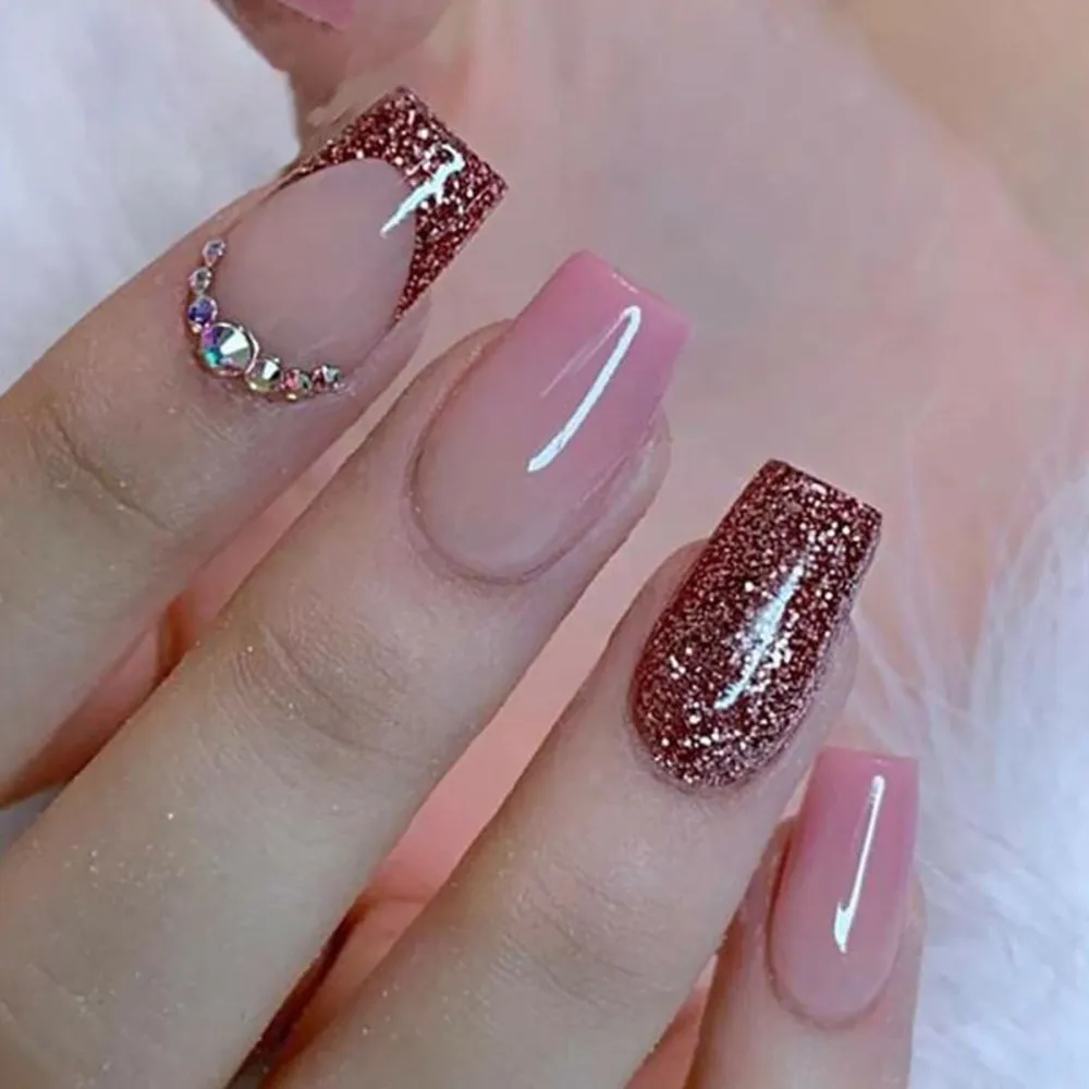 Pink Press on Nails Medium Coffin SWEKKE French Fake Nails Gradient Full Cover Glitter False Nails with Designs Rhinestones Glossy Glue on Nails Acrylic Nails Artificial Nails for Women Girls 24Pcs