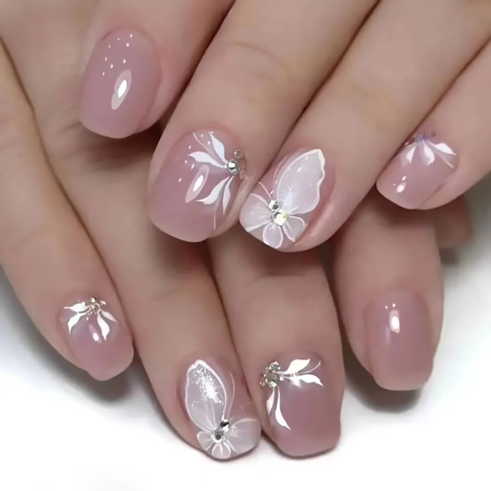 Aurora Butterfly Press on Nails Short Oval Fake Nails Glossy False Nails With Rhinestones Designs Full Cover Stick on Nails Reusable Acrylic Artificial Nails Glue on Nails for Women 24Pcs