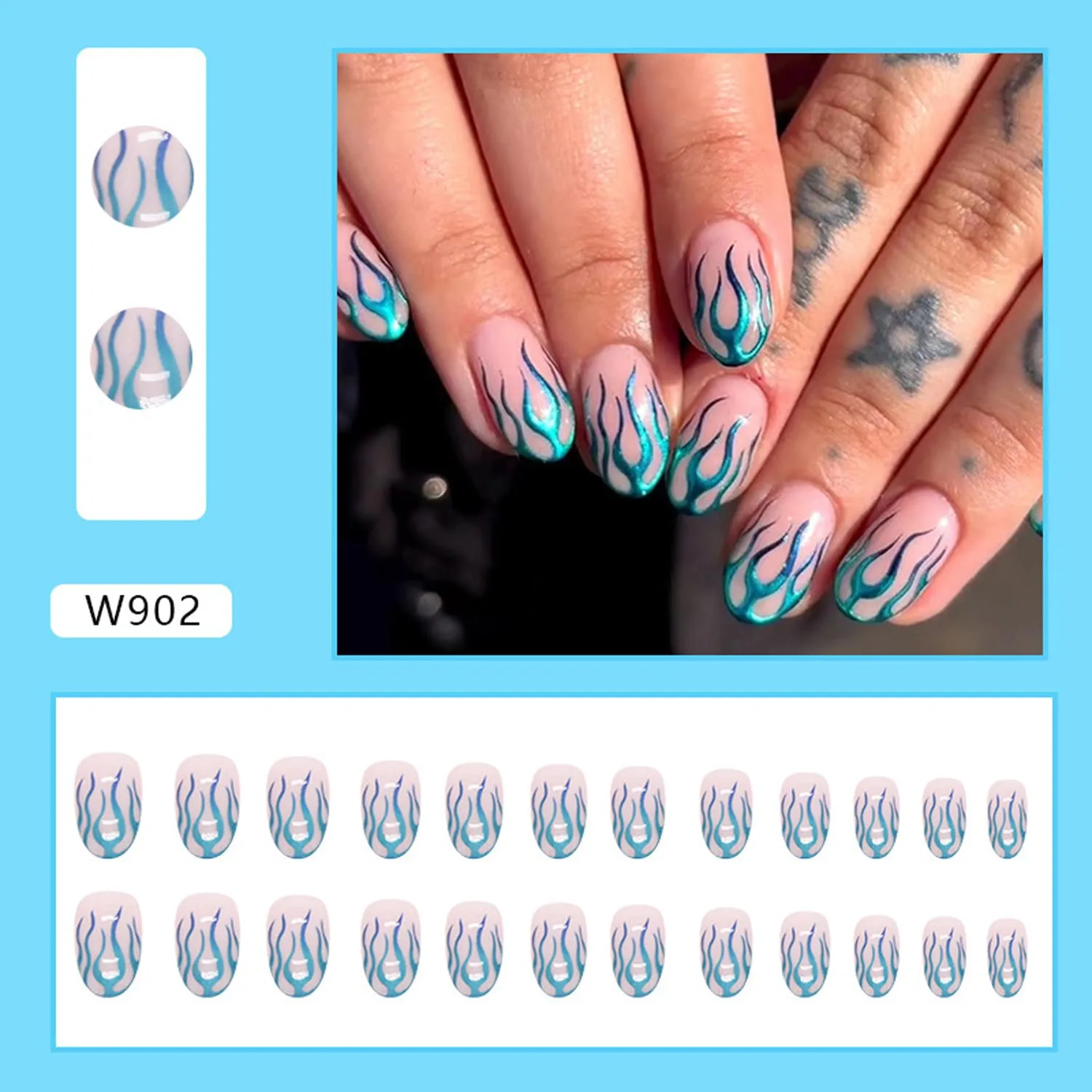 Flame Aurora Gradient Nails - 24pcs Blue Green Designs, Full Cover, Press On, Glue On, Artificial Nails for Women