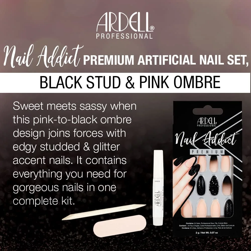 Ardell Nail Addict Premium Press On Nails - 24 False Nails Black Stud & Pink Ombre Jeweled And Matte, Reusable Artificial Acrylic Nail Kit for DIY Manicure