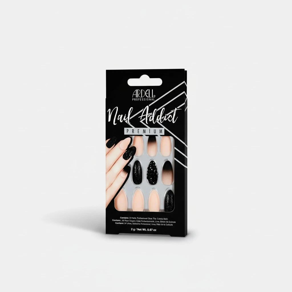 Ardell Nail Addict Premium Press On Nails - 24 False Nails Black Stud & Pink Ombre Jeweled And Matte, Reusable Artificial Acrylic Nail Kit for DIY Manicure