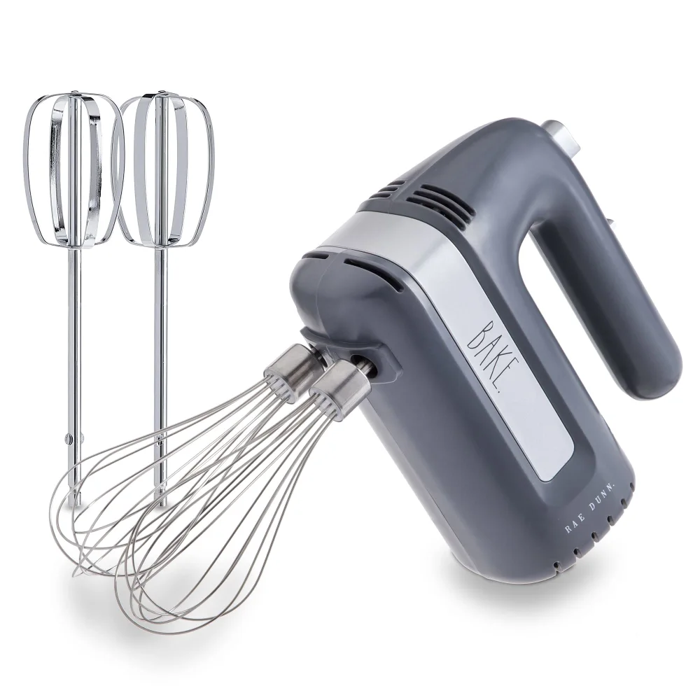 Electric Hand Mixer, Handheld Mixers for Kitchen, With Beaters and Whisk Attachments for Cooking and Baking, Lightweight Handmixer Labeled "BAKE" by Rae Dunn (Grey)