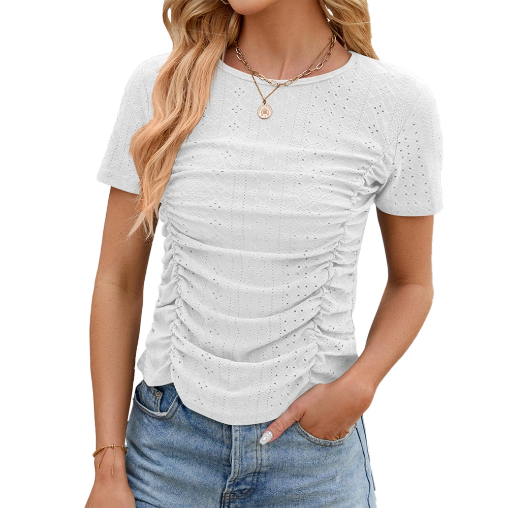 Women's Summer Slim Tops Solid Eyelet Short Sleeve Ruched T-Shirt 