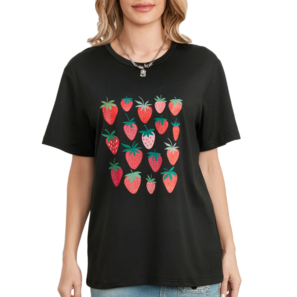 Women's Summer Casual Tops Strawberry Print Short Sleeve T-Shirt 