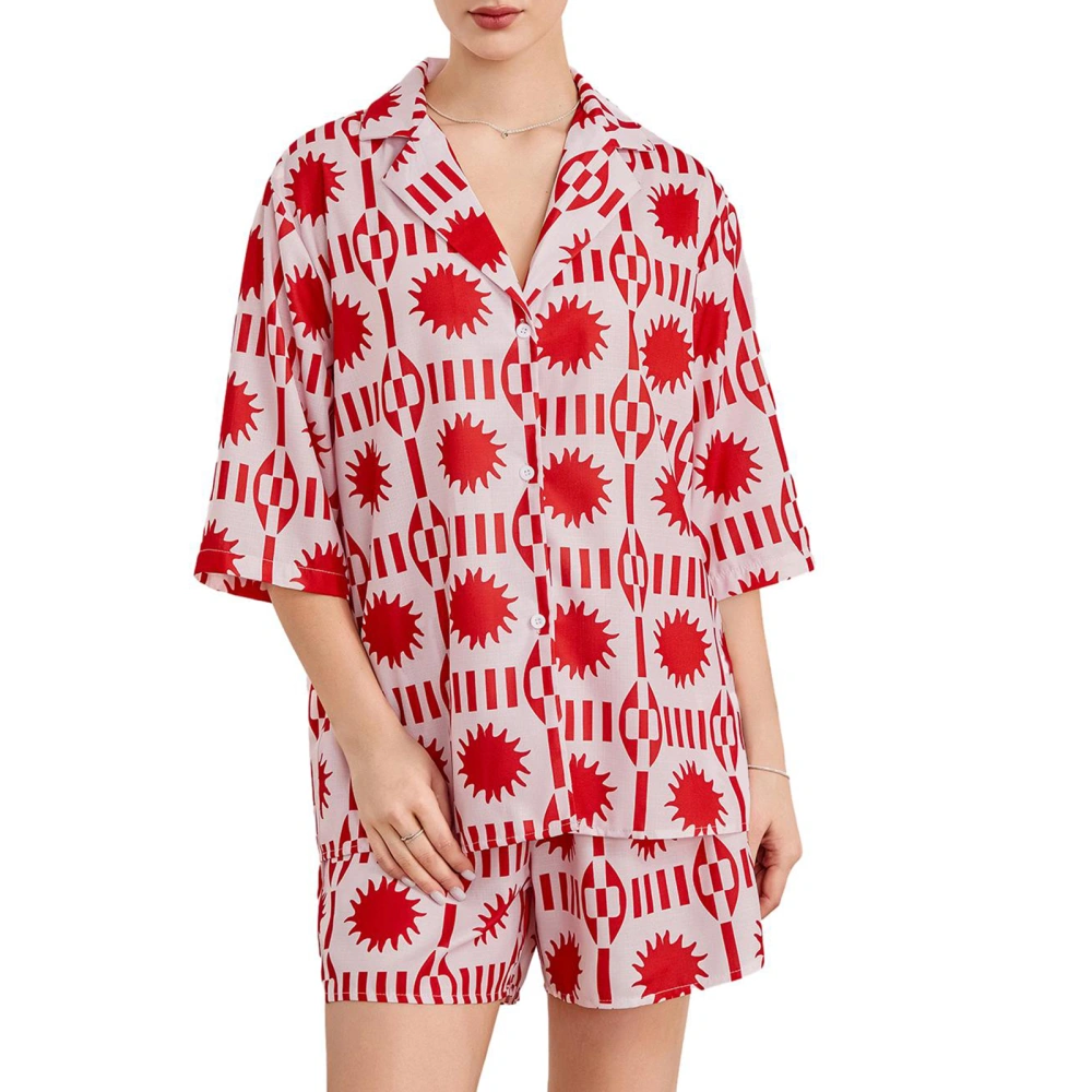 Women 2 Piece Pajama Set Sun Print Loose Shirt and Elastic Shorts