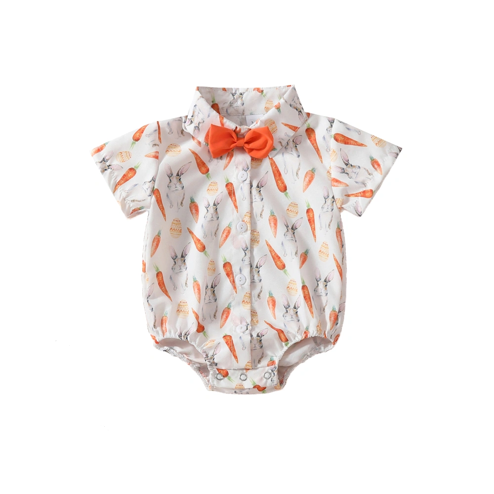 Baby Boy Short Sleeve Button Down Rabbit Print Romper with Bowtie 