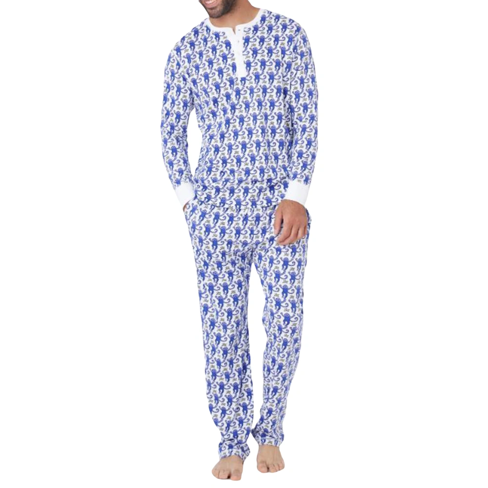 Men Pajama Set, Printed Long Sleeve Henley Neck T-shirt with Pants