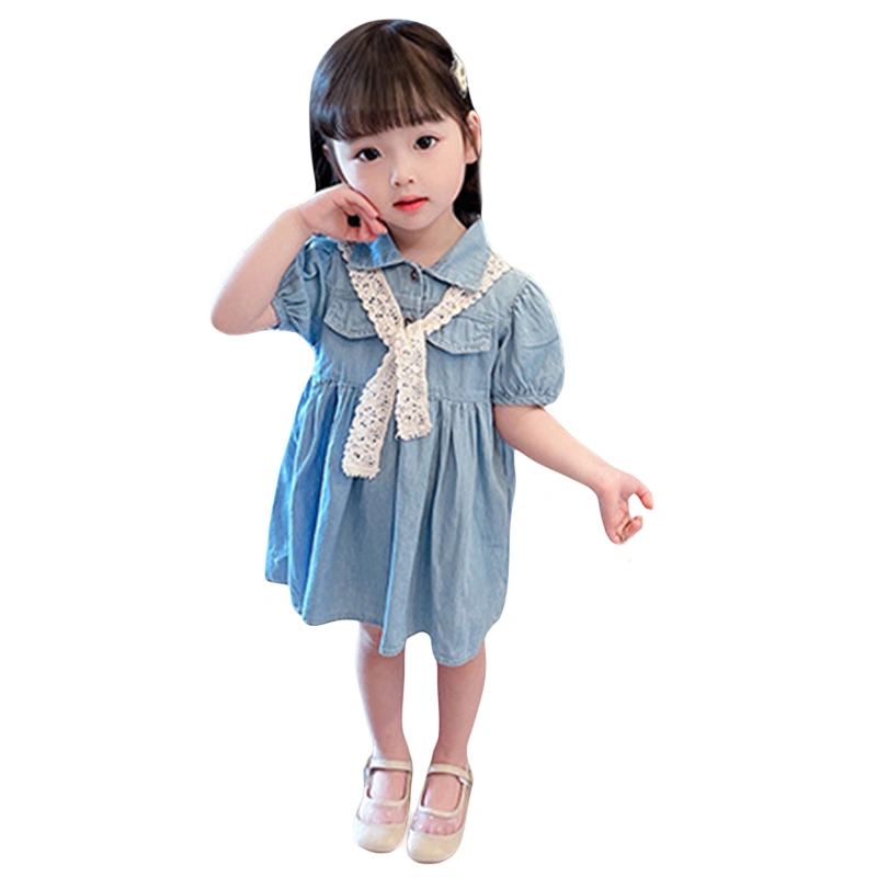 Kids Girls Denim Dresses Cute A-Line Party Dress with Lace Shawl