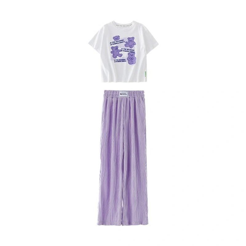 Girls Pants Sets White Bear Print Tops Purple Wide Leg Pants Sets