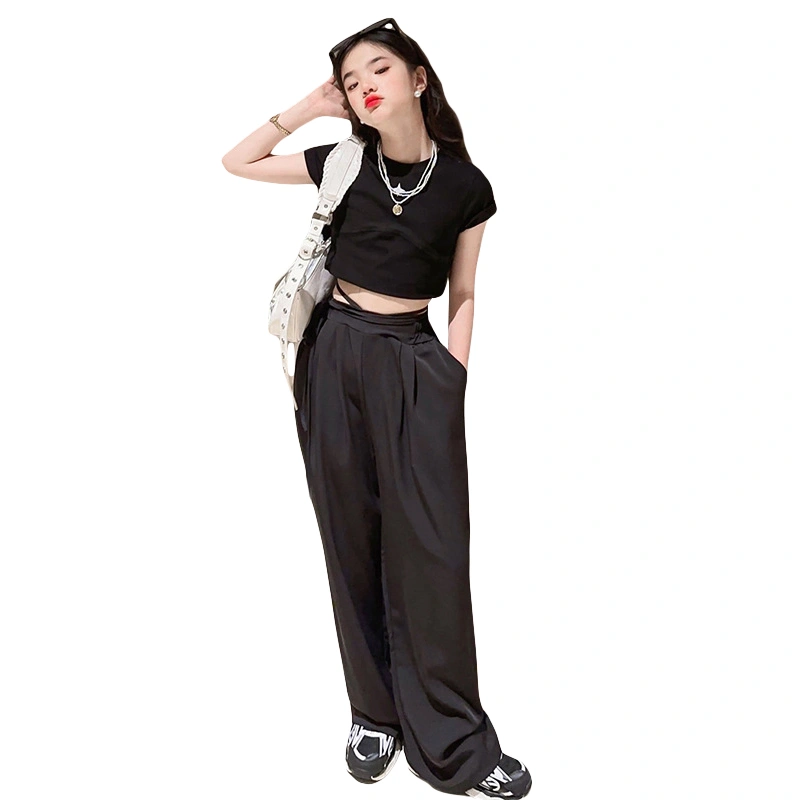 Girl Pants Outfit Graphic Short Sleeve T-Shirt with Tie-up Long Pants 