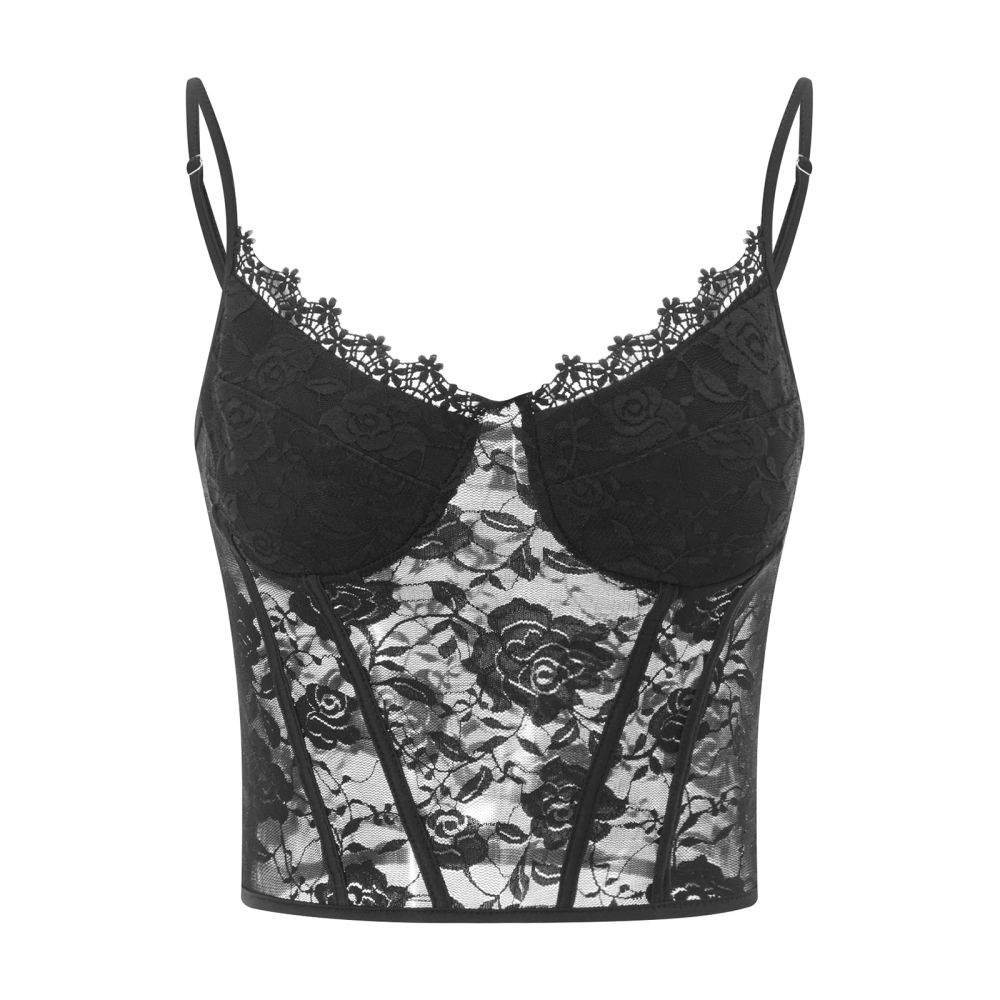 Women's Slim V Neck See Through Lace Flower Spaghetti Strap Crop Tops