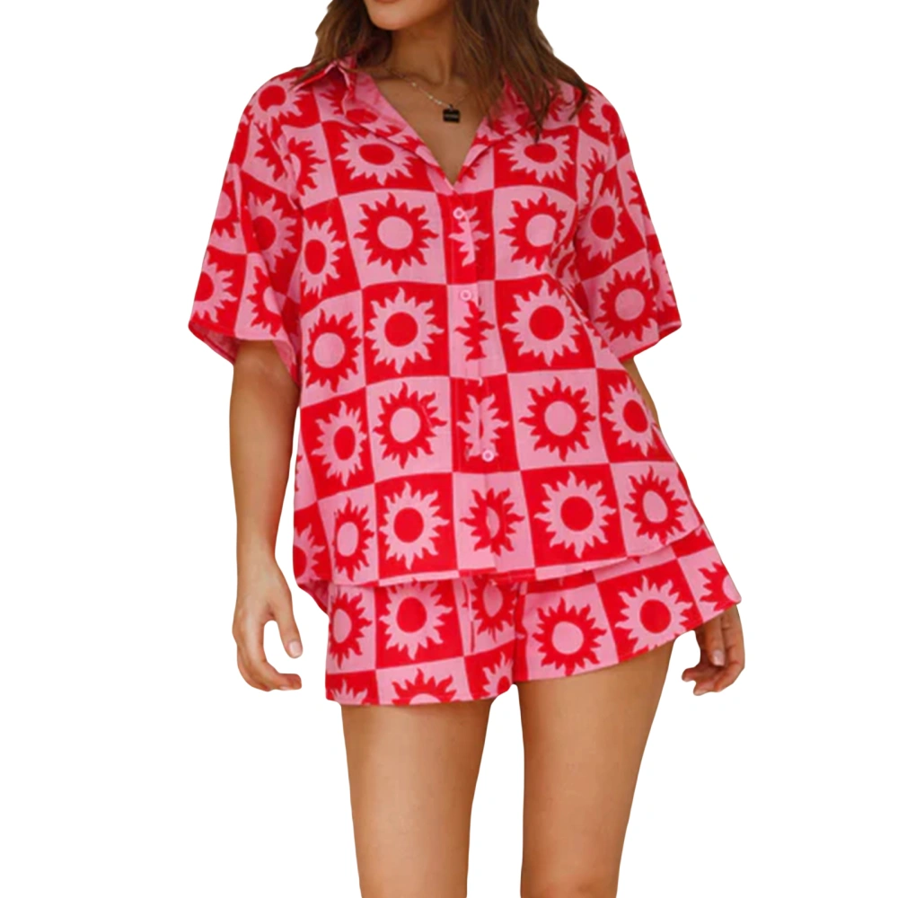 Women Shorts Set, Printed Short Sleeve Shirt with Elastic Waist Shorts