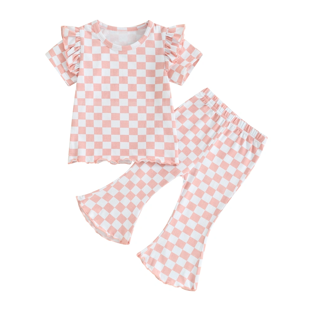 Toddler Girls Summer Outfits Checkerboard Print T-Shirts Flare Pants