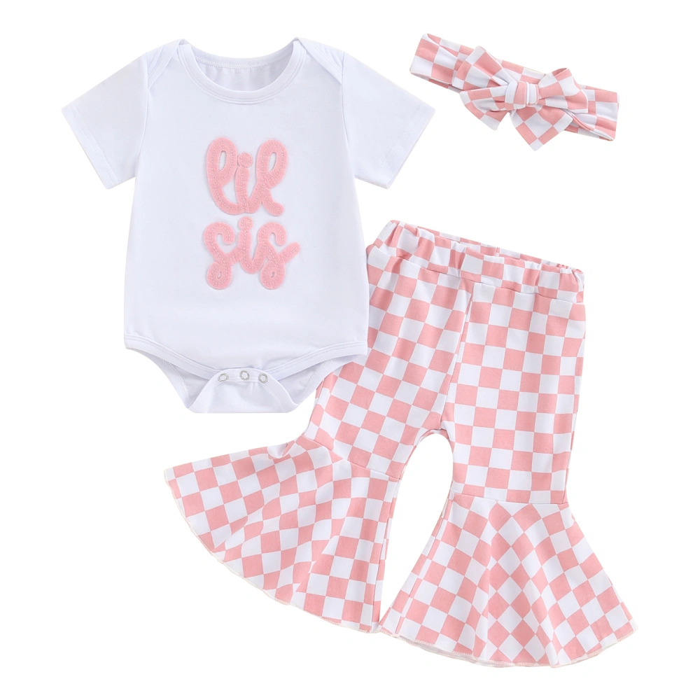 Baby Girls Summer Outfit Romper and Plaid Flare Pants Headband 