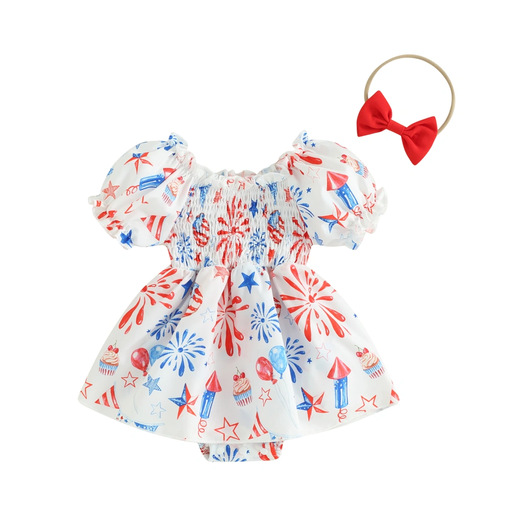 Girl 4th of July Romper Dress Star Print Puff Sleeve Jumpsuit Headband