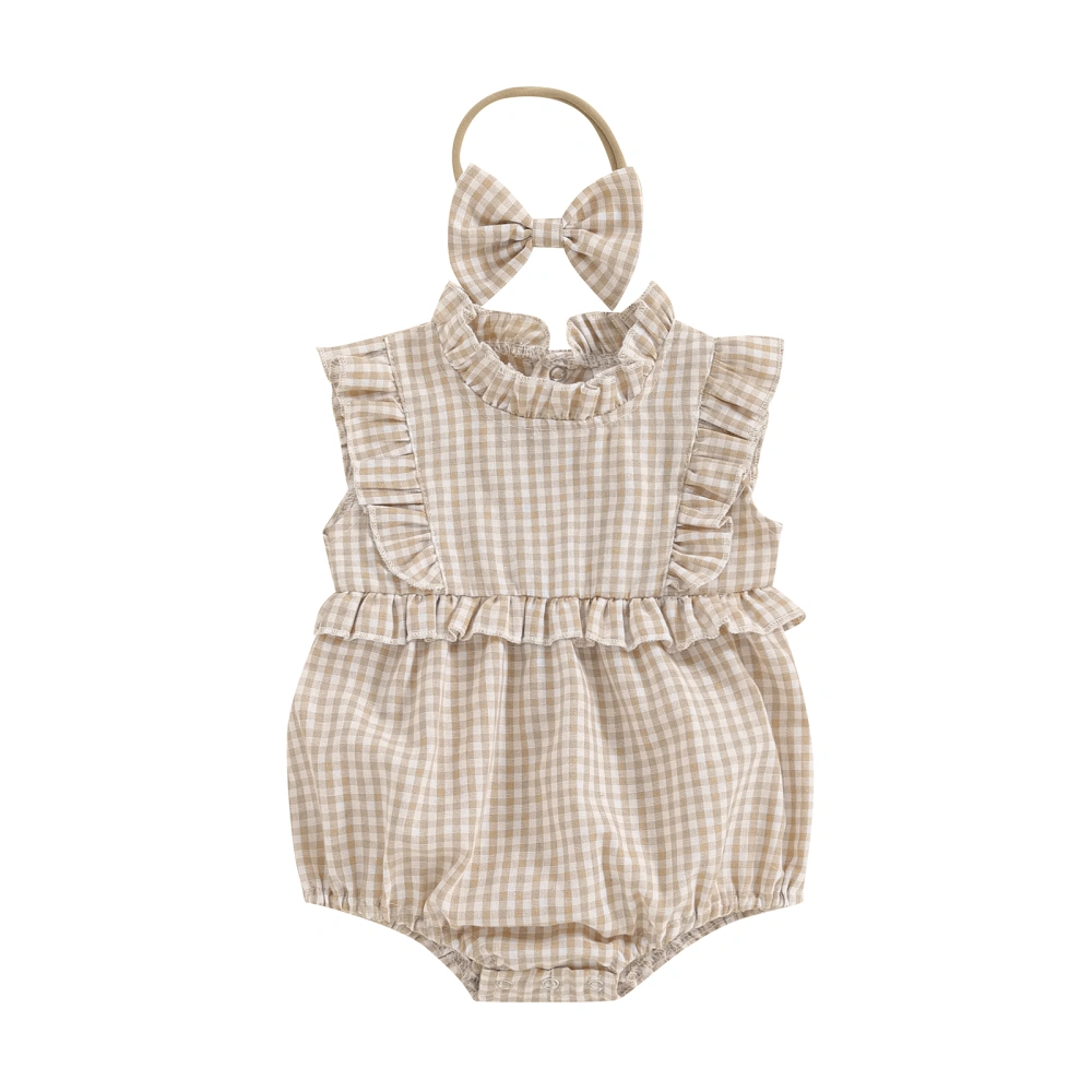 Baby Summer Romper Sleeveless Ruffle Plaid Romper with Headband