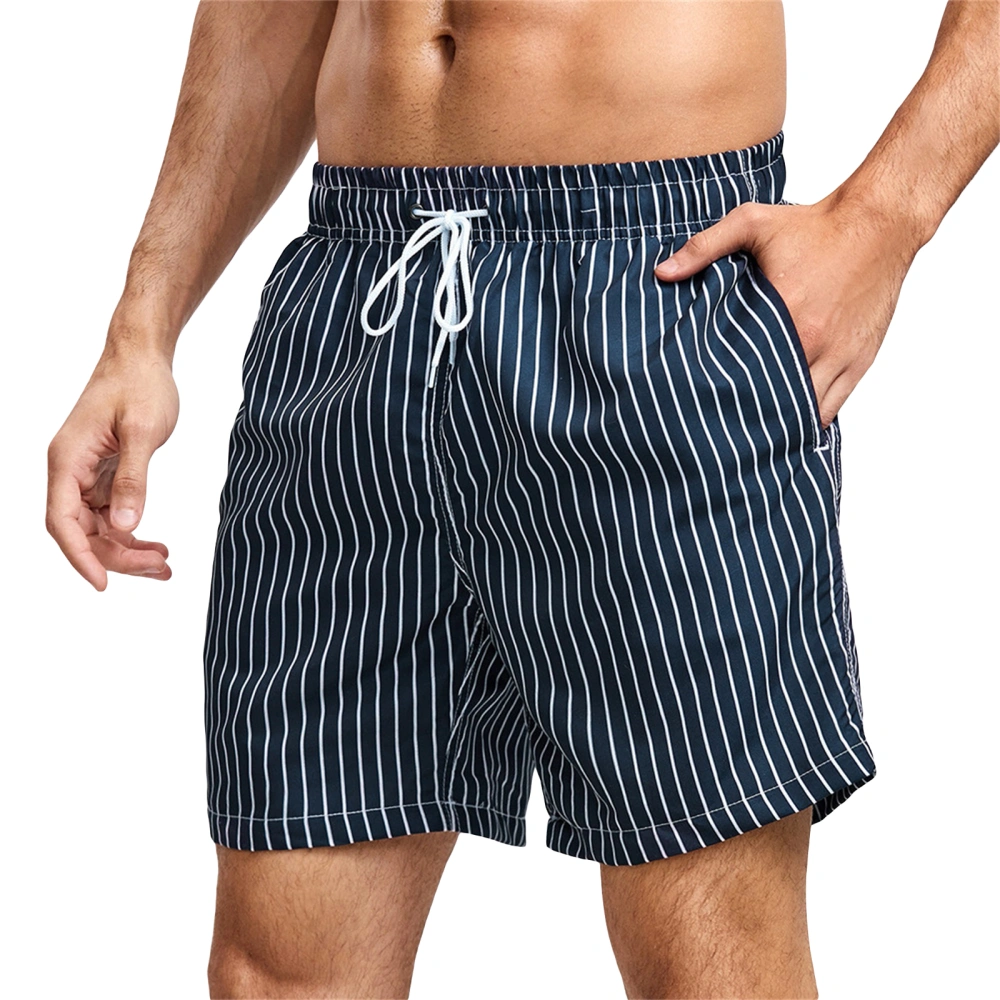 Men Casual Elastic Waist Striped Drawstring Beach Shorts with Pockets 