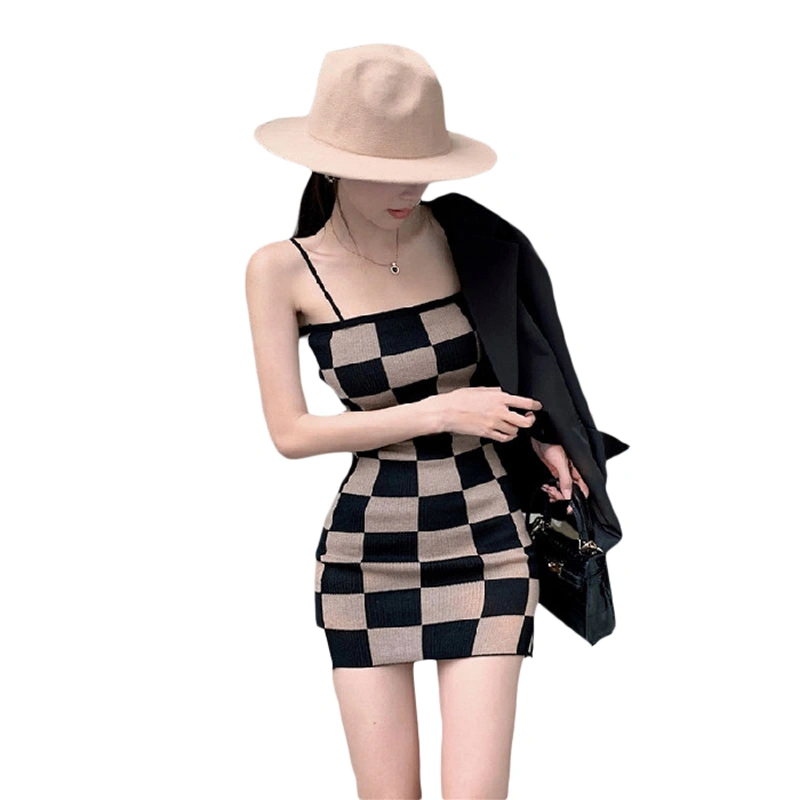 Women's Square Neck Spaghetti Strap Checkerboard Mini Bodycon Dress