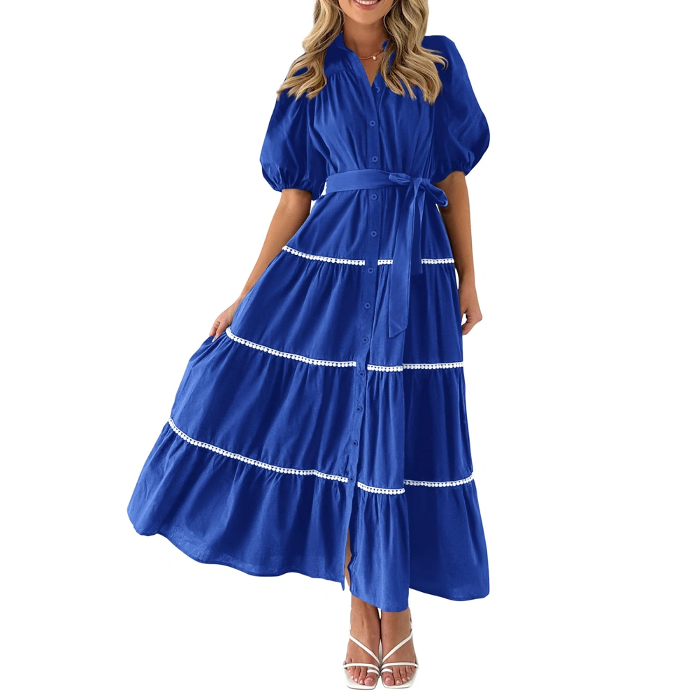 Women's Button Down Shirt Dress Puffy Sleeve Tiered Ruffle Long Dress