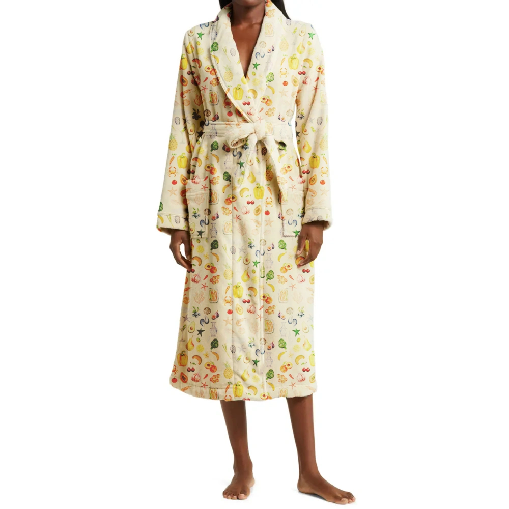 Women Sleep Robe Long Sleeve Lapel Belted Fruit Print Nightgown