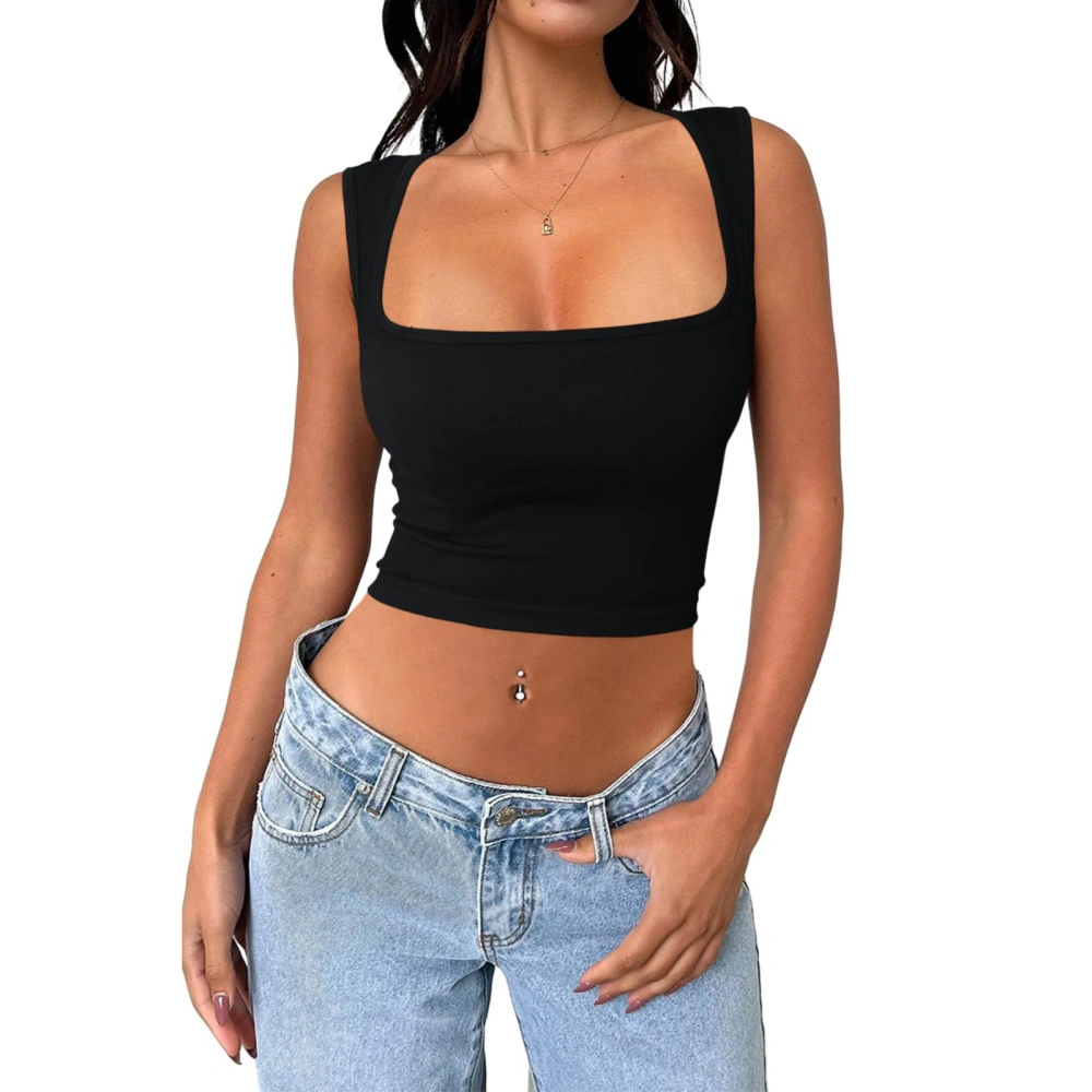 Women Crop Tank Tops Solid Color Low Cut U Neck Summer Basic Vest