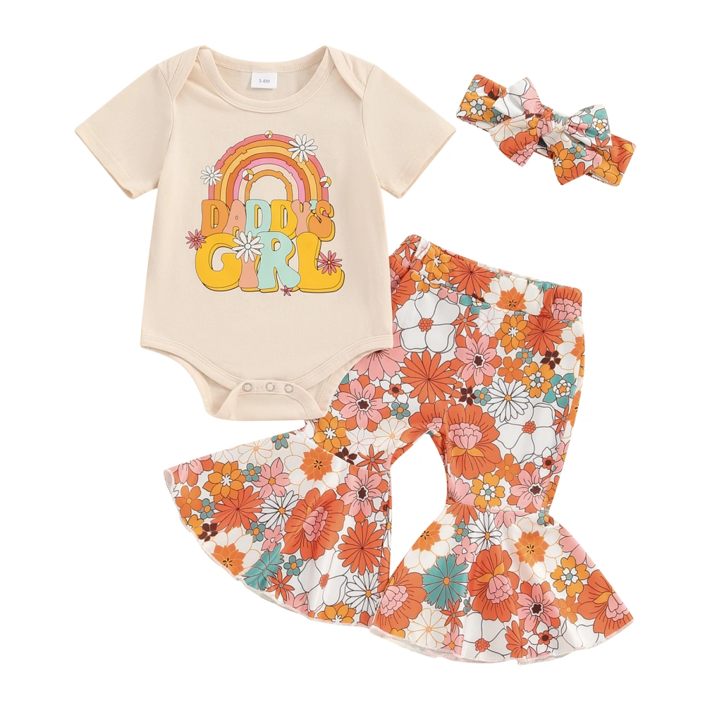 Baby Girls Spring Outfits Romper + Floral Flare Pants + Headband Set