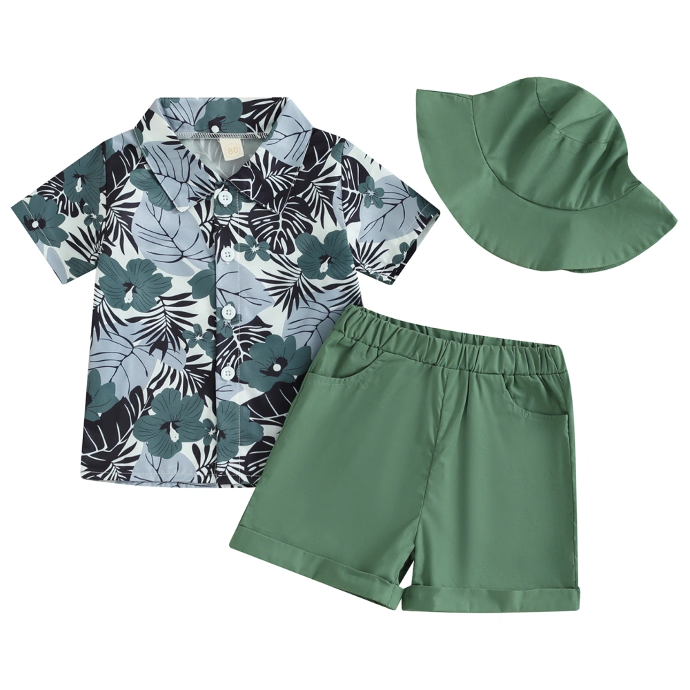 Little Boys Set, Button Down Flower Tops + Elastic Waist Shorts + Hat 