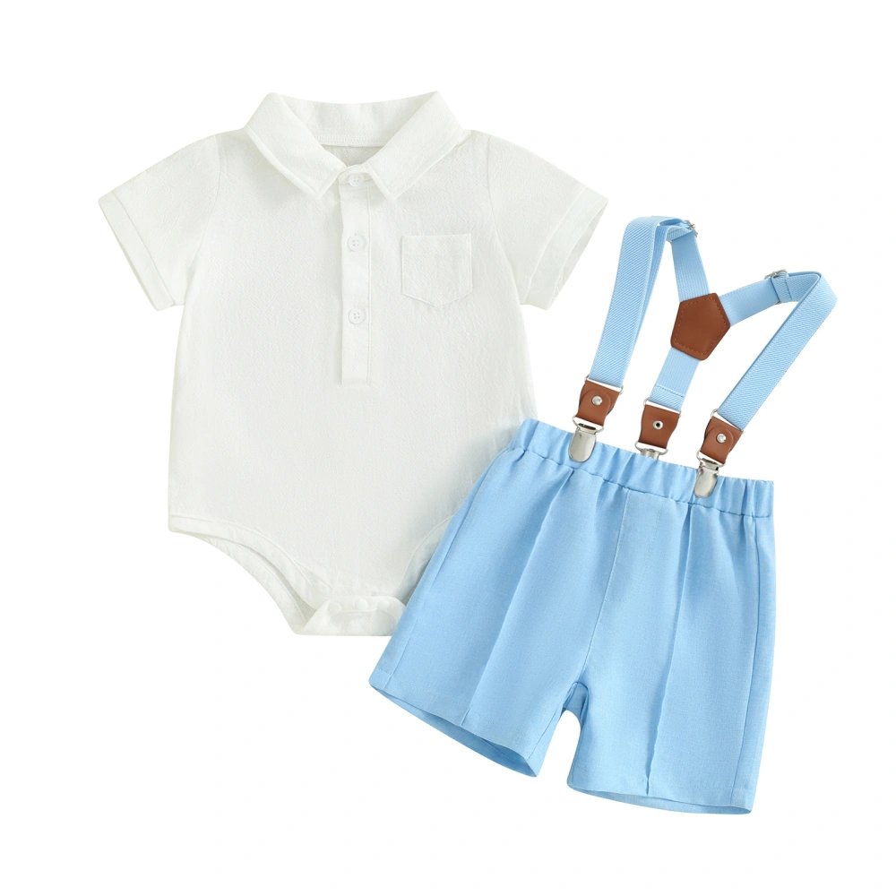 Baby Boy Set, Short Sleeve Button Down Romper + Suspender Shorts 