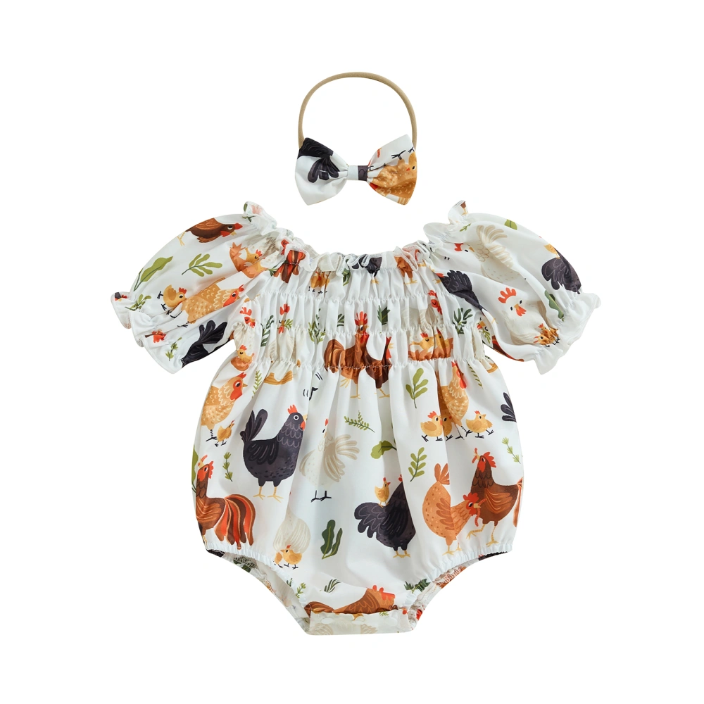 Baby Girls Rompers Farm Rooster Hen Print Bodysuits with Headband