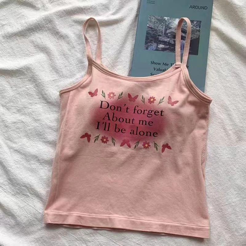 Women's Crop Cami Tops Floral Letter Print Camisole with Built-in Bra