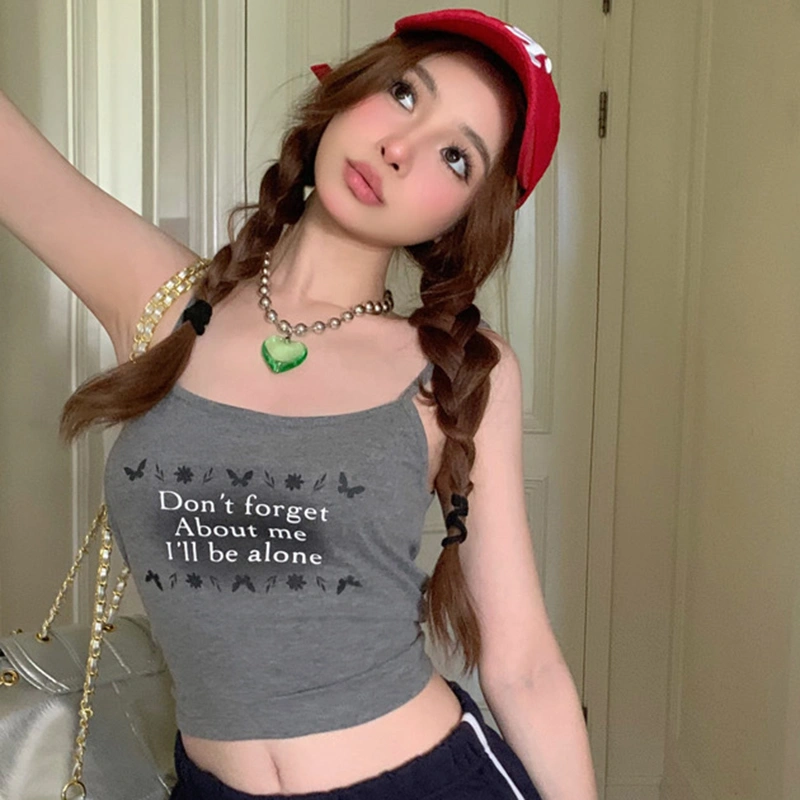 Women's Crop Cami Tops Floral Letter Print Camisole with Built-in Bra