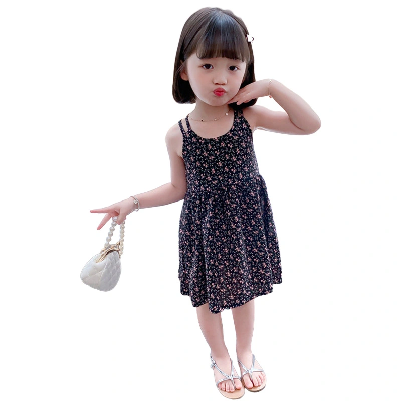 Little Girl's Loose Round Neck Back Cross Floral Cami Chiffon Dress