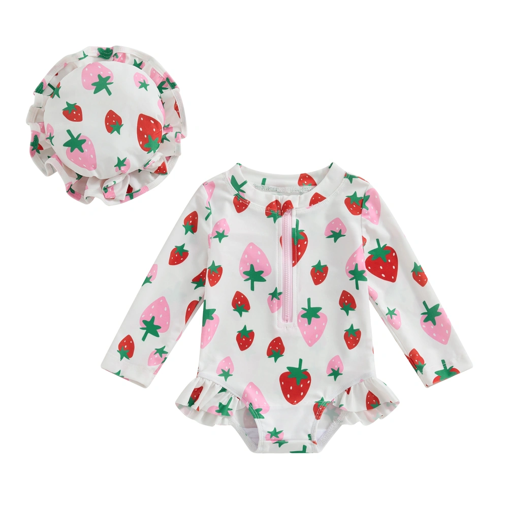 Baby Girls Swimsuit, Strawberry Print Long Sleeve Bikini with Hat