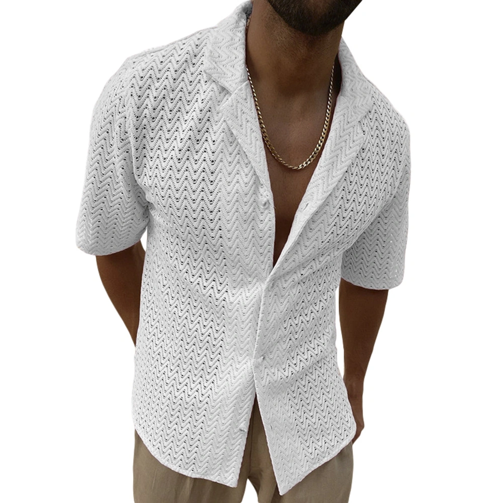 Men’s Lace Shirt, Short Sleeve Button-down Hollowed Beach Shirt