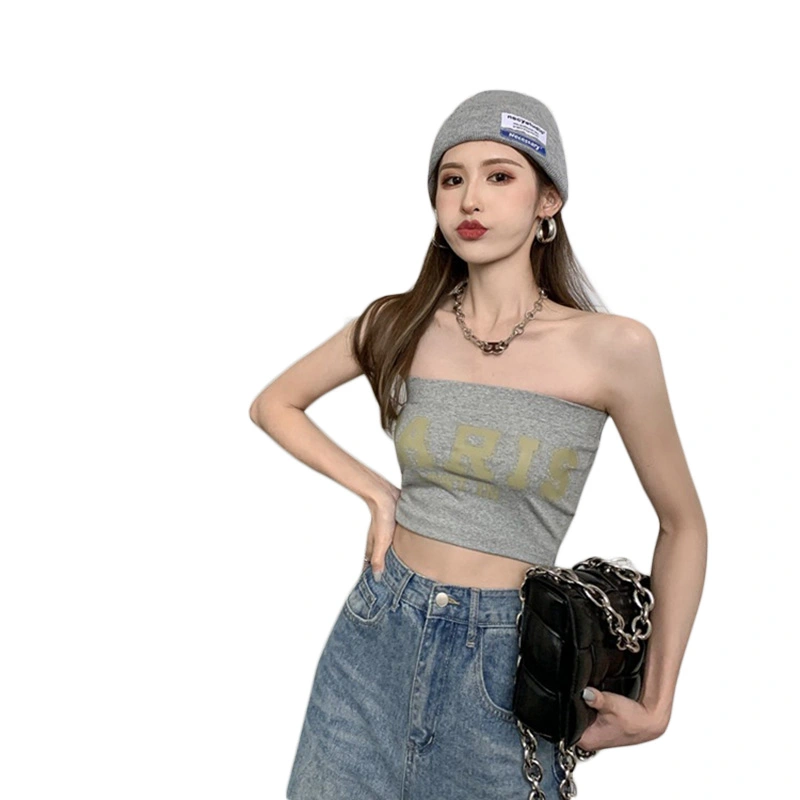 Women's Slim Fit Off Shoulder Backless Letter Print Crop Tube Tops 