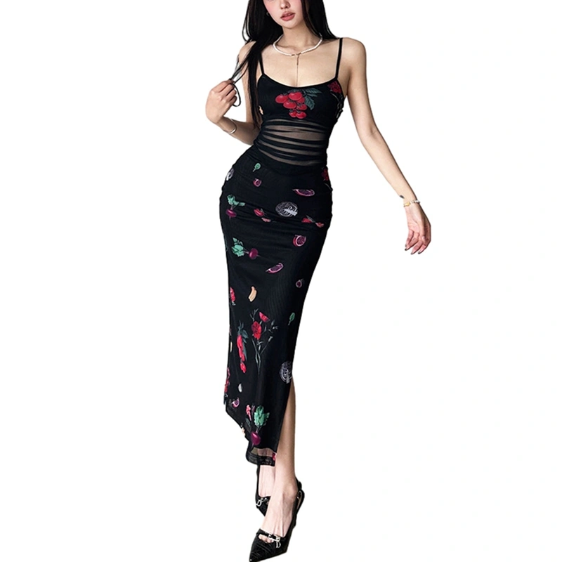 Women's Vegetable Print Cami Dress Sleeveless Bodycon Long Dress