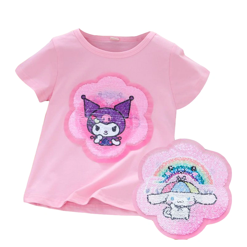 Girls T-shirt, Short Sleeve Crew Neck Cartoon Sequined Summer Tops