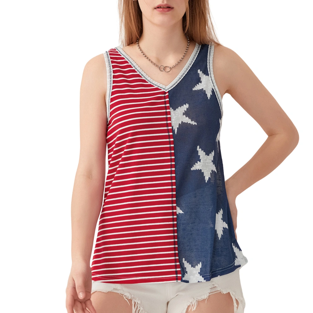 Women's 4th of July Tank Tops Stripe Star Print U-Neck Loose Vest 