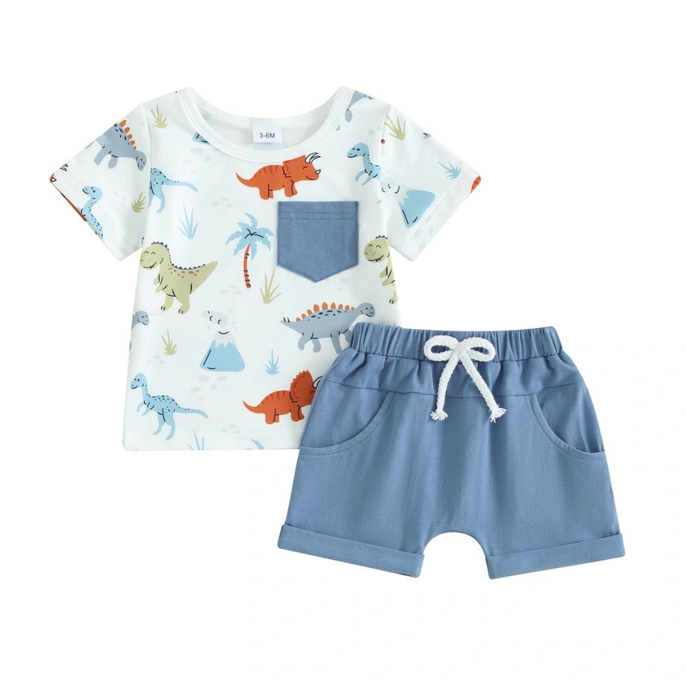 Baby Boy Set, Short Sleeve Dinosaur Print Tops + Elastic Waist Shorts 